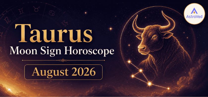 Taurus Moon Sign Horoscope for August 2026 with Taurus bull, zodiac wheel, and constellation