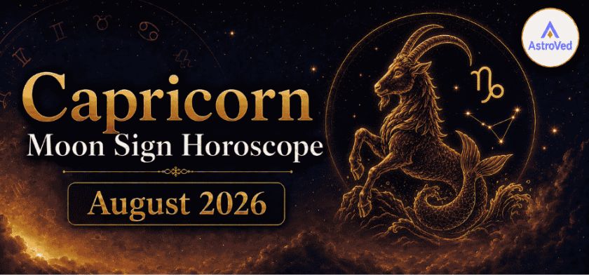 Capricorn Moon Sign Horoscope for August 2026 Capricorn Moon Sign Horoscope for August 2026 with golden sea-goat, Capricorn symbol, and constellation