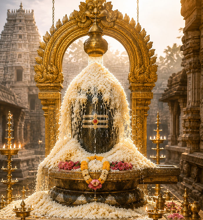 Sacred Shiva Lingam adorned with garlands, being anointed with cooked rice (Anna Abishekam) beneath a golden Naga canopy
