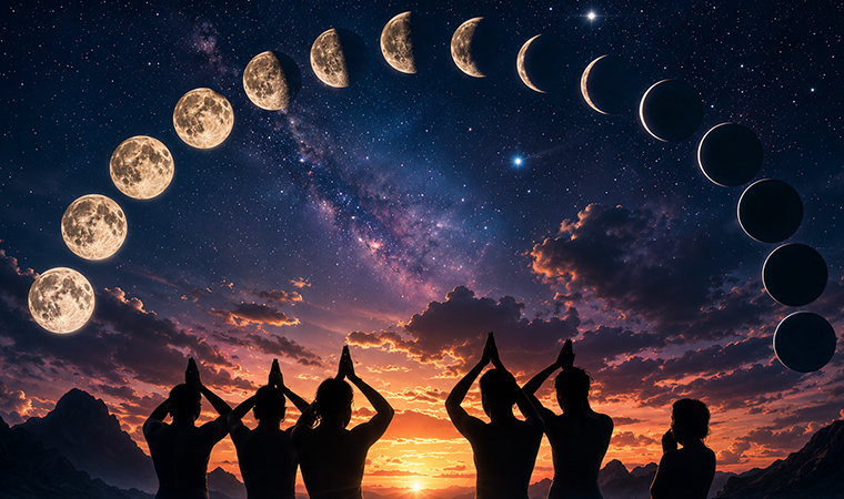 Devotees offering prayers beneath an arc of 15 moon phases during Mahalaya Paksha