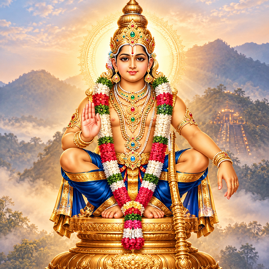 Lord Ayyappa seated in golden devotion before the sacred Sabarimala hills
